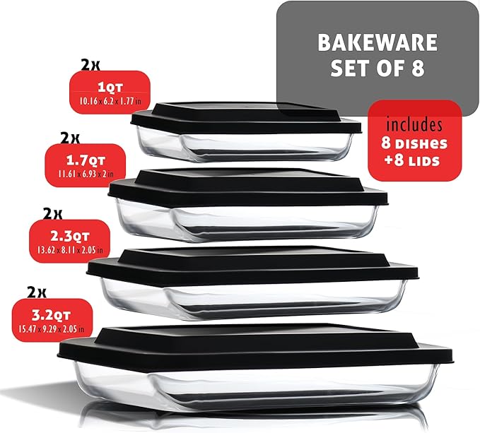 EATEX 16-Piece Deep Glass Casserole Dishes for Oven with Plastic Lids, Glass Baking Dishes for Oven, Rectangular Bakeware for Lasagna, Cooking, Leftovers, Kitchen, Freezer to Oven Dishwasher Safe
