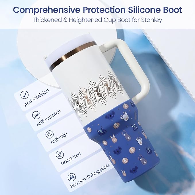 Print Boot for Stanley, Rubber Cup Bottom Protector Sleeve Accessories for Stanley Quencher H2.0 FlowState Tumbler 40oz / Adventure Quencher Tumbler 40oz (Blue)