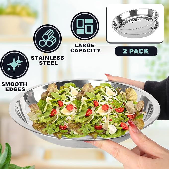 4+3 Stainless Steel Colander Set, 4 Sizes (1.8 qt, 2.3 qt, 3 qt, 4 qt) with 1 Mesh Strainer + 2 10-inch Stainless Steel Round Plates, for Washing Rice, Fruits, Vegetables, Draining Pasta, Meat