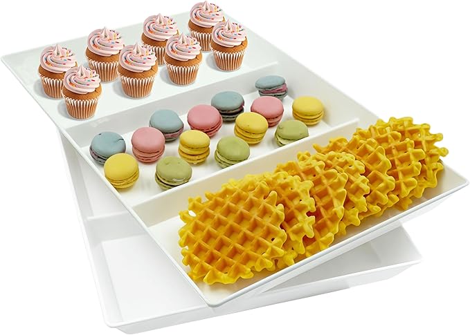 Divided Serving Tray Platter, 2 Pack 15" x 10" Fruit Veggie Food Tray for Party, Plastic Serving Trays for Appetizer, Snack, Dessert, Cookie, Brunch Decorations Platters, White Trays BPA-Free