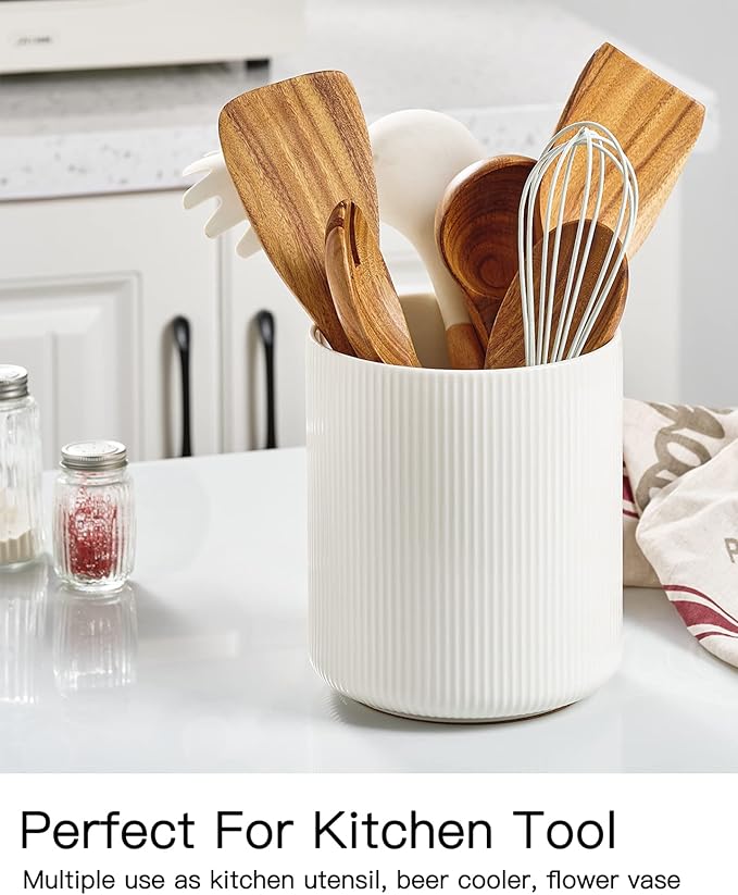 getstar Large Kitchen Utensil Holder for Kitchen Counter (H7.2” x W6.2”), Ceramic Cooking Utensil Holder with Cork Mat (White, Utensils Not Included)