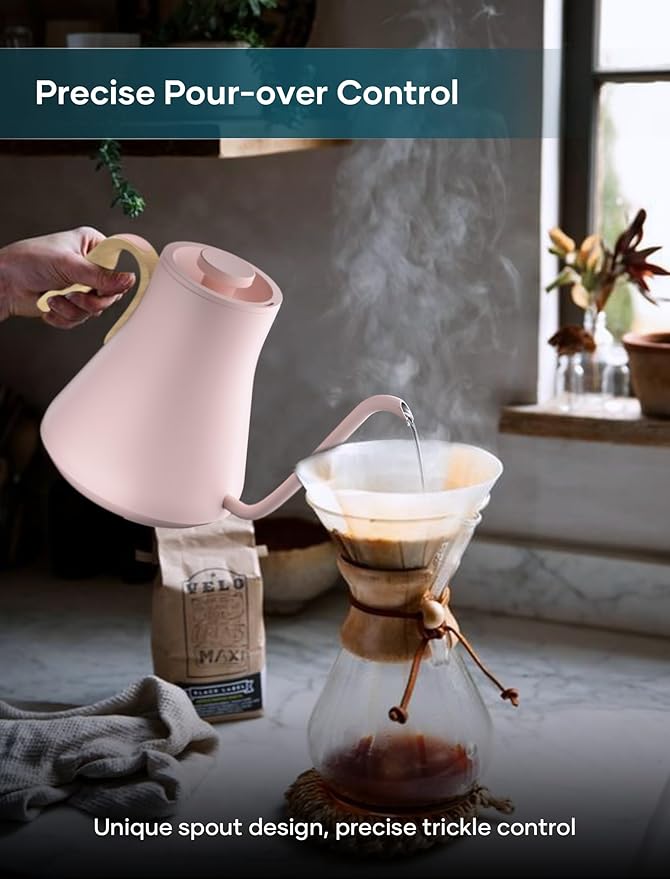 Gooseneck Electric Kettle with ±1℉ Temperature Control for Pour Over Coffee & Tea, Quick Heating, BPA-Free Stainless Steel, Built-in Brew Timer, 1500W/0.9L (Petal Pink)