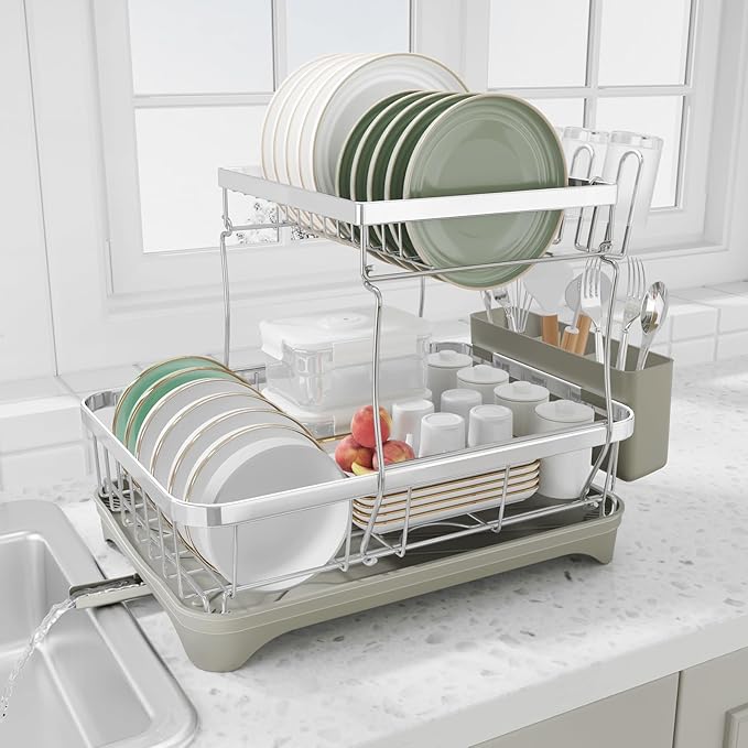Dish Drying Rack, 2 -Tier 304 Stainless Steel Adjustable Spout Auto-Draining Dish Rack, Space Saving Dish Drainer with Drainboard and Utensil Holder for Kitchen Counter Grey