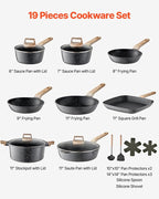 VEVOR 19 Piece Pots and Pans Set, Granite Nonstick Cookware Set, Induction Cookwares, Kitchen RV Cooking Sets with Frying, Sauce, Saute, Tempered Glass Lids, and Pan Protectors, Black