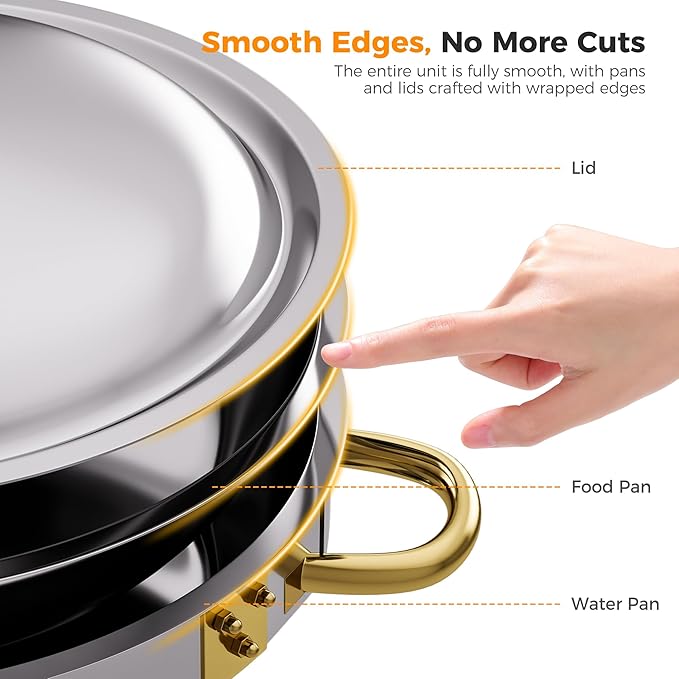 Gold 4 Pack Chafing Dishes for Buffet, 18/8 (304) Stainless Steel Food Pan with Lid, 6QT Round Chafing Dish Buffet Set Food Warmer, Food Warmers for Parties Buffet Catering Events Dinners