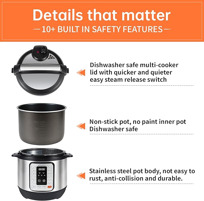 KINGBULL 12-in-1 Electric Pressure Cooker, Instant Multi-Use Non-Stick Pot, Slow Cooker, Rice Cooker, Steamer, Sauté, Yogurt Maker, Warmer &Delay Start,LED Screen& Manual(6QT)