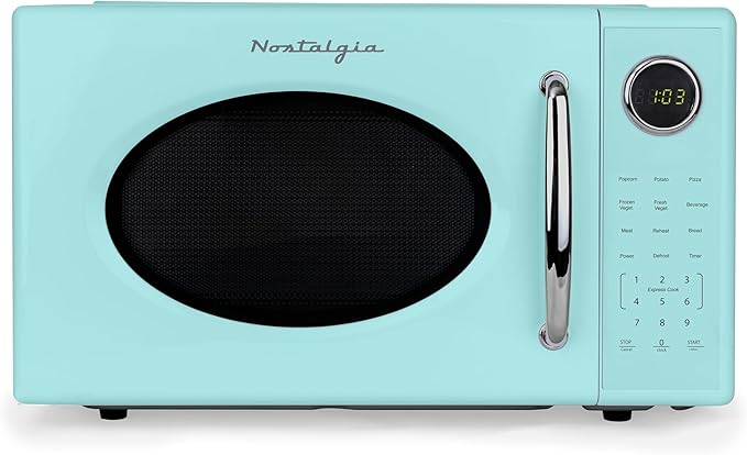 Nostalgia Retro 1000W Microwave Oven 1.1 Cu Ft Capacity – Child Safety Lock, 8 Auto-Cook Settings – Countertop Kitchen Appliance – Aqua