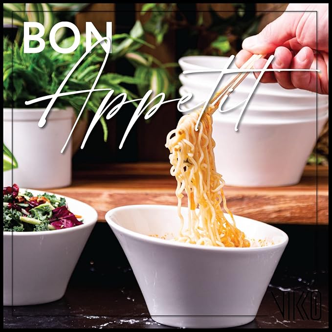 Vikko White Pasta Bowls, Set of 4 Ceramic Salad Bowls, Large 18 Ounce Elegant White Soup Bowls for Everyday and Special Occasions, Elegant Sloped Design, Dishwasher Safe, Microwave Safe