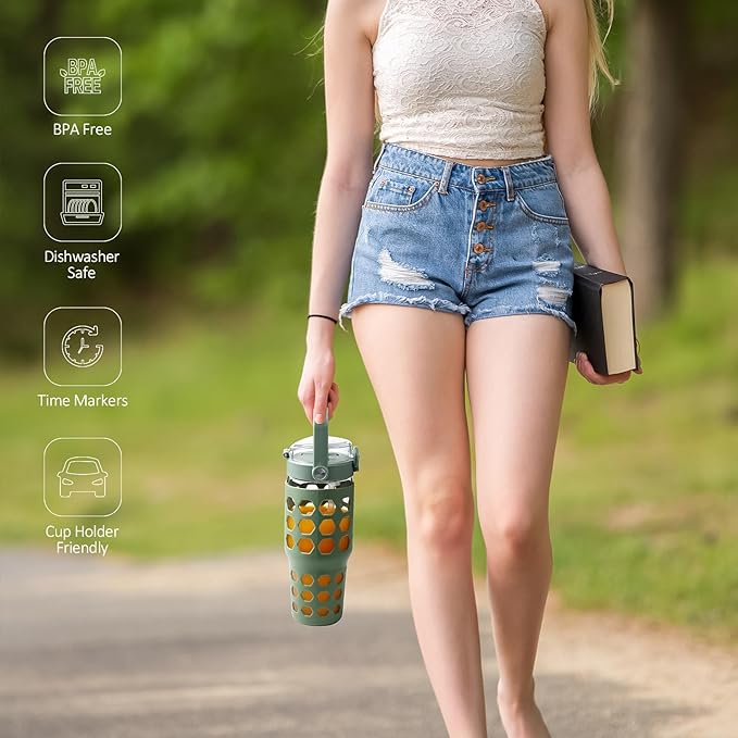 MUKOKO 32 oz Glass Tumbler with Straw,Glass Water Bottles with Time Marker,Iced Coffee Cup with Silicone Sleeve,Motivational Drinking Bottles,Leakproof-Olive