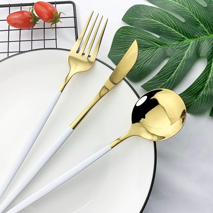 JASHII Flatware Serving Set 24 Piece, Stainless Steel Silverware Set, White Gold Cutlery, Modern Elegant Tableware for Party, Christmas, Dinner