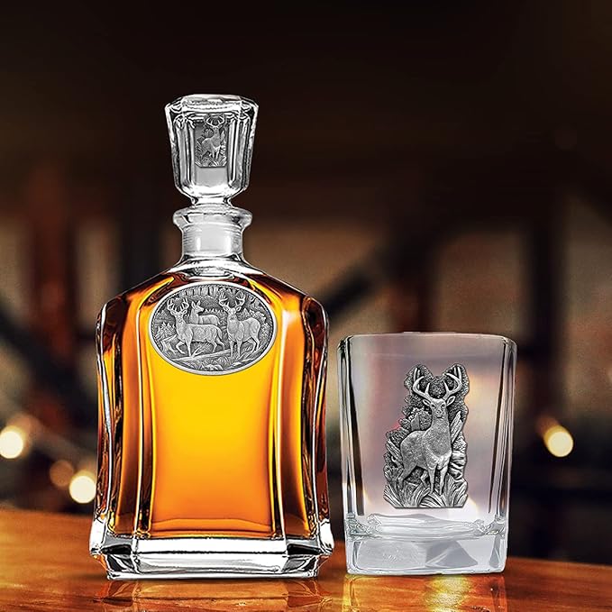 Heritage Pewter Whitetail Deer Square Shot Glass | Hand-Sculpted 1.5 Ounce Shot Glass | Intricately Crafted Metal Pewter Inlay