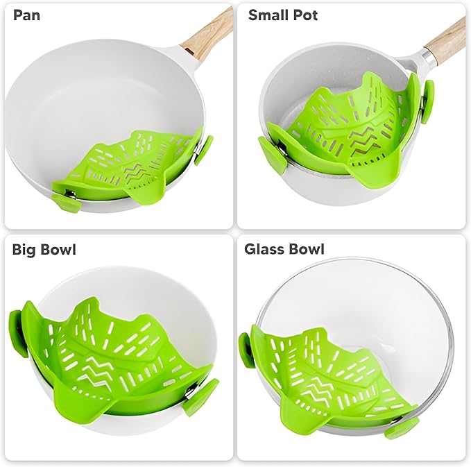 Clip On Strainer, Pot Strainer for Pasta, Vegetables, Fruit and Meat- Kitchen Silicone Strainer Colander for All Pots, Pans and Bowls (Green)