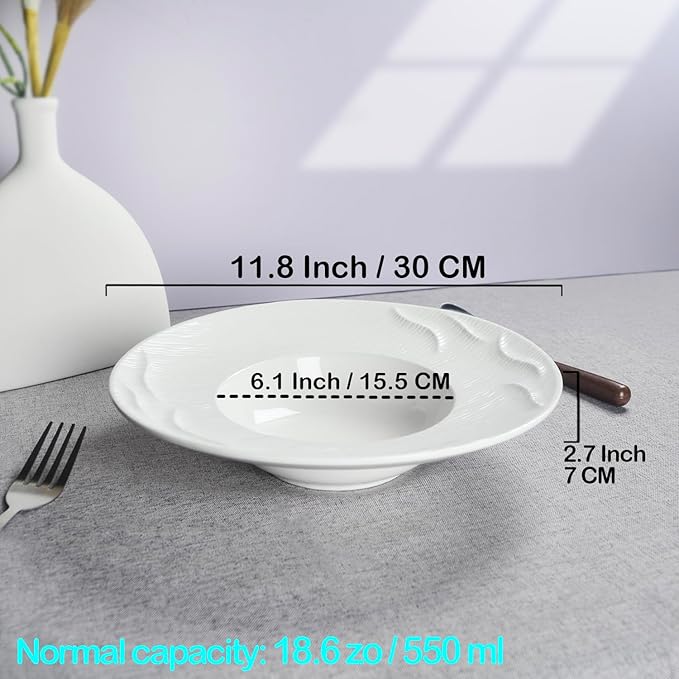 Ceramics Soup Plates Set of 4, Wave relief Wide Rimmed Small Mouth Pasta Plates 18.6 OZ/550 ml, Microwave Dishwasher Safe, for high end restaurants and best choice for gourmets, 12 Inch
