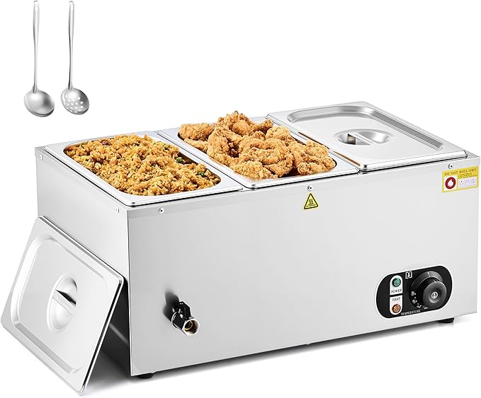 WILPREP Commercial Food Warmer with Three 1/3 Pans, 1500W Countertop Electric Warmer, 86-185°F Adjustable Temp Control & Over-Temp Protection, Stainless Steel Buffet Bain Marie