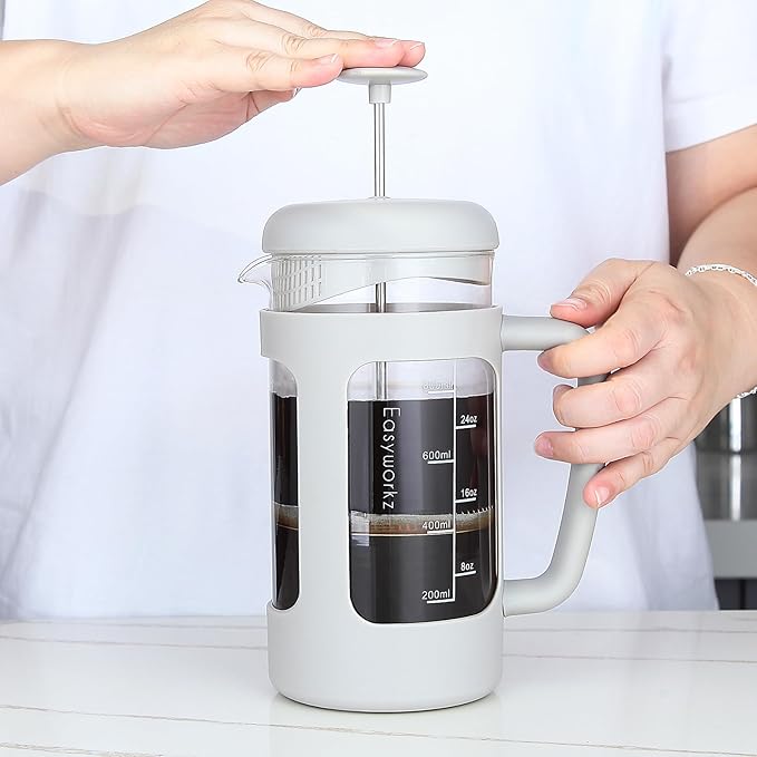Easyworkz French Press 34 oz Coffee Tea Maker with Borosilicate Glass,Soft Grip Handle,Light Grey