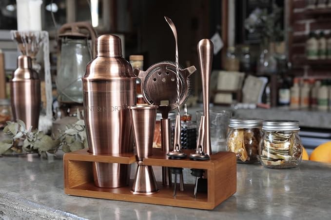 Mint & Mortar Cocktail Shaker Set, 7-Piece Bartender Kit with Stand, 24oz Martini Shaker Bottle Stainless Steel Bar Tools, Home Bar Accessories Drink Mixer, Barware Gift Set - Brushed Copper