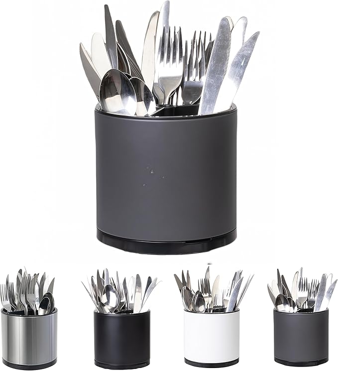 Kitchen Utensil Holder Silverware Organizer 360°Rotating For Counter Organizer Stainless Steel Storage Silverware Caddy 3 Compartment Flatware Spoon Spatula Tool Cutlery Container（Grey）