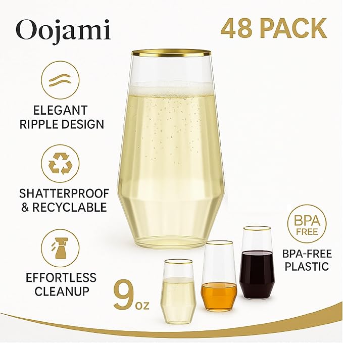 48 Pack Diamond Unbreakable Stemless Plastic Wine Stemless Toasting coacktail Glasses, Durable 9 Oz BPA-Free Disposable Champagne Flutes for Weddings, Bars, Events, and Celebrations (Diamond Gold Rim)