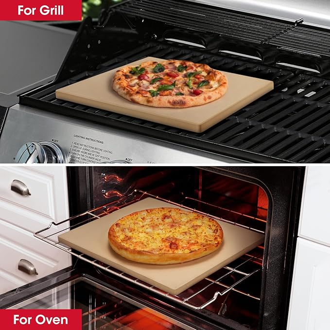 Unicook 16" x 16" Square Pizza Stone for Grill and Oven, Large Cordierite Bread Baking Stone for Crispy Crust Pizzas, Bread and Cookies, Includes Dough Scraper