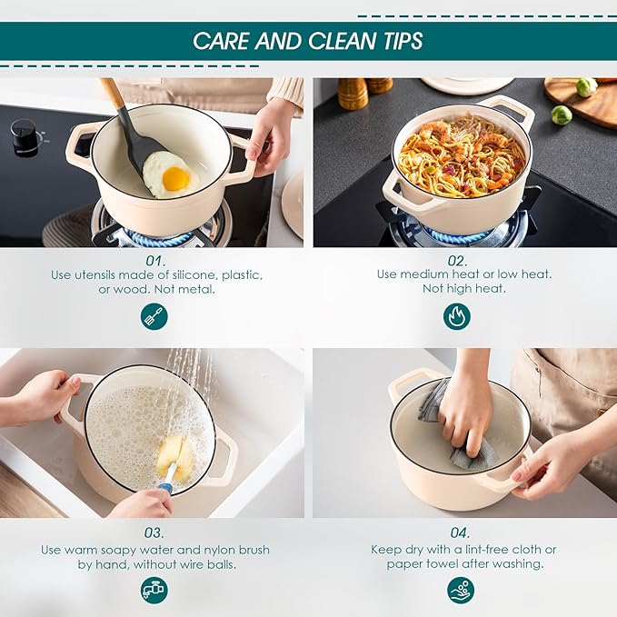 vancasso 2.5 QT Enameled Cast Iron Dutch Oven with Stainless Steel Knob Lid – Small Non-Stick Casserole for Steaming, Baking, and Roasting – Cream Color