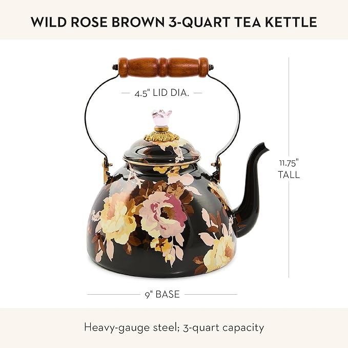 MACKENZIE-CHILDS Enamel Tea Kettle, Decorative Tea Kettle for Stovetop, 3 Quarts, Wild Rose Brown