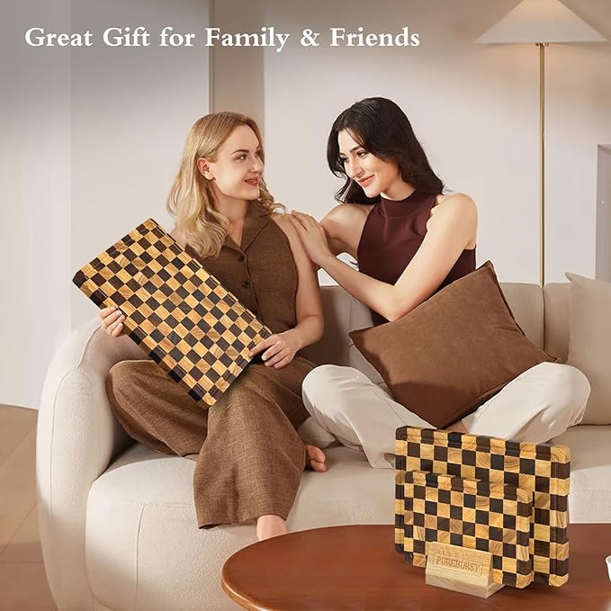Checkered Cutting Boards for Kitchen, Walnut Rubber & Wooden Cutting Board Sets, Chopping Boards with Anti-Slip Base and Guide Groove, Chessboard Carving, Used for Cutting Vegetables Fruits & Meats