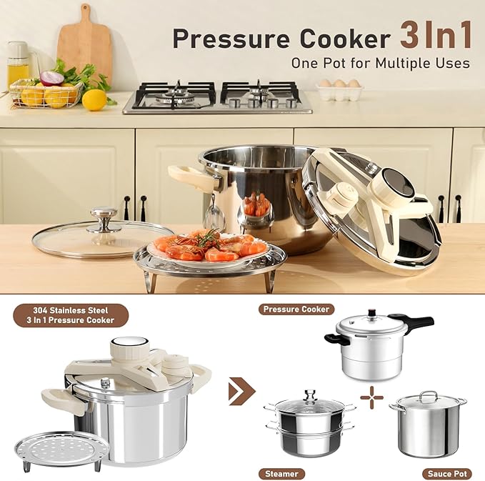 8 QT Stainless Steel Pressure Cooker. 10 pcs Olla de presion Set, Cooking Pressure Cooker with 3 PSl Settings Release Valve & Multiple Protective Devices, Compatible with Induction and Gas Stovetops