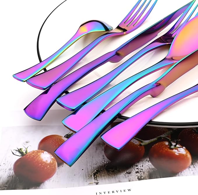 24-Piece Rainbow Flatware, Mirror 18/10 Stainless Steel Modern & Luxury Dinnerware Set With Serrated Steak Knife Teaspoon For Daily Use or Dinner Party Restaurant - Service For 4