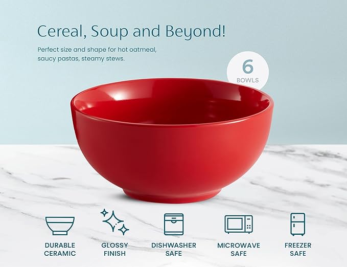 KooK Soup Bowls, Cereal Bowl, Ceramic, Bowls for Kitchen, Microwave, Dishwasher and Freezer Safe, Porcelain Dishes for Pasta, Salad, Oatmeal, Deep Interior, 20 oz, Set of 6, (Red)
