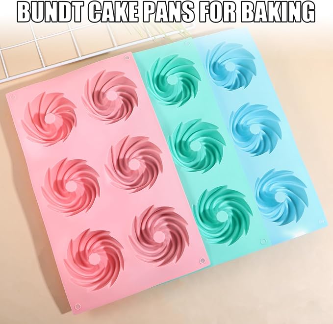 3PCS Mini Bundt Cake Pans for Baking, Non-stick 6 Cavity Silicone Bundt Cake Pan Molds, Multipurpose Molds for Cupcakes Brownies Jellies with Even Heat Transfer Feature for Home Baking(Spiral)