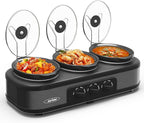 Sunvivi Triple Slow Cooker, Buffet Food Warmer with 3 * 1.5 Quarts Removable Ceramic Pots, Buffet Servers and Warmers with Glass Lids and 3 Spoons, Stainless Steel, Grey