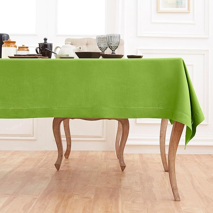 Solino Home Linen Tablecloth for Rectangle Tables 60 x 108 Inch - Classic Hemstitch 100% Pure Linen Lime Green Table Cloth - Machine Washable Cloth Tablecloth for Summer