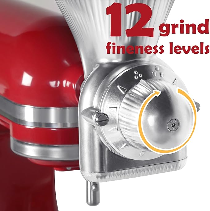 All Metal Grain Mill Attachment for KitchenAid Stand Mixer with 12 Grind Level Flour Mill, Grain Mill Attachment Fit for Grinding Wheat, Corn, Oats, Buckwheat,Millet and Other Cereals