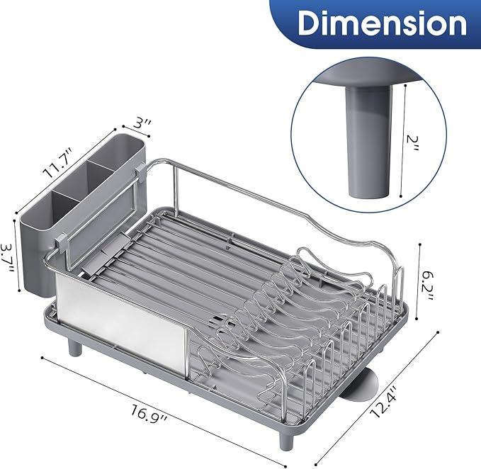Stainless Steel Dish Drying Rack - Large Capcity 304 Grade Dish Drainer for Kitchen Counter with Drain Board, Utensil Holder & Detachable Cup Shelf, Rustproof Multifunctional Organizer