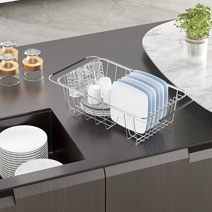 JAQ Small Dish Drying Rack in Sink Adjustable 14.25" to 20.55", Expandable 304 Stainless Steel Metal Dish Drainer Rack Organizer with Stainless Steel Utensil Holder Over Sink Counter (for 1-2 People)
