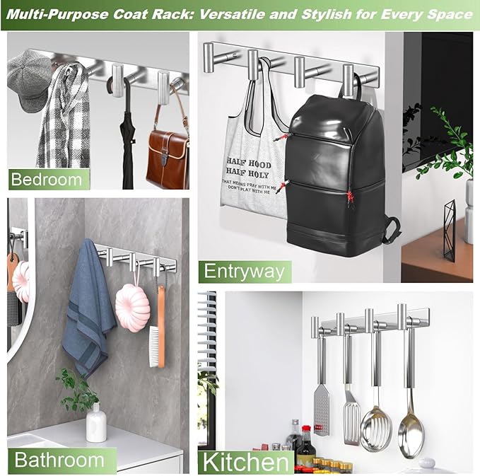 Wall Mounted Coat Rack-4 Hooks, Heavy Duty Stainless Steel Hook Rail for Towel Coat Hat Purse Bag Jacket, Towel Hooks for Entryway Bathroom Kitchen (Silvery 4 Hooks - 1 Pack)