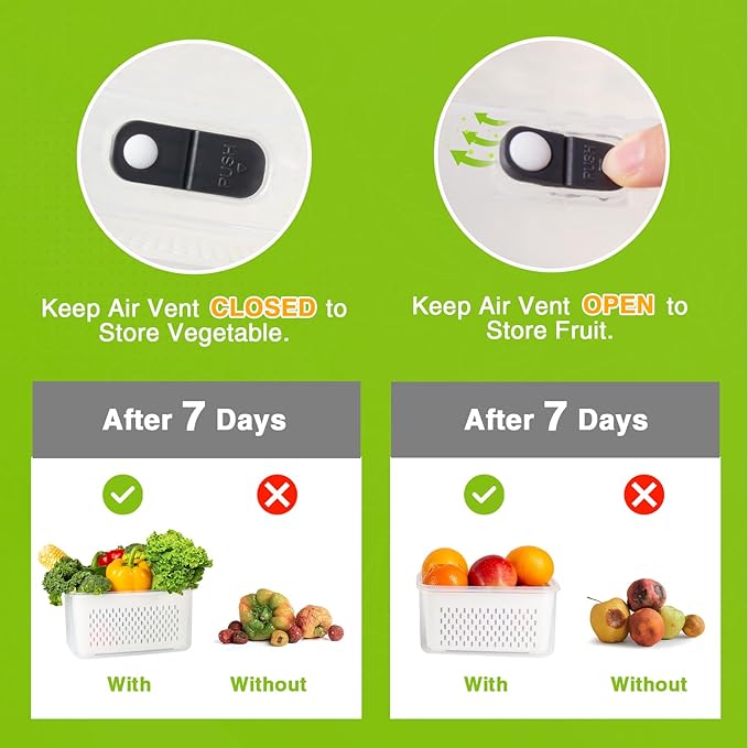 LUXEAR Larger 5PCS Fruit Storage Containers For Fridge, Produce Vegetable Saver Container with Lid Colander Vent Handle, BPA-Free Refrigerator Microwave Dishwasher Safe, Keep Fruits Veggie Food Fresh