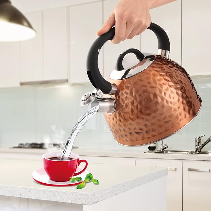Copper Tea Kettle Stainless Steel Teapot Whistling Kettle Unique Button Control Kettle Outlet Loud Whistle Food Grade Teapot 3.2 Quart / 3 Liter Bronze