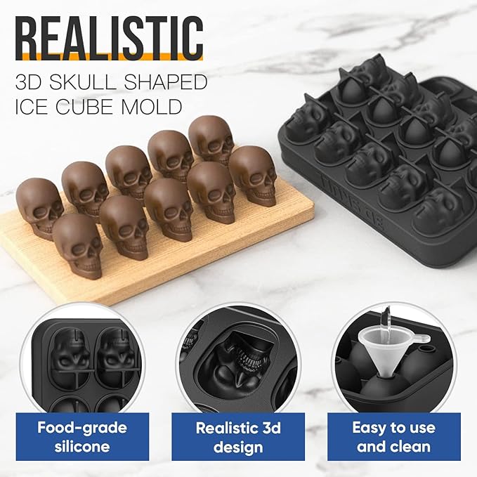3D Skull Ice Cube Mold Tray -Novelty Shaped Ice Maker for Whiskey Cocktails Drinkers,Bartenders,Easy Release Silicone kull Molds,Baking Chocolate Candy,Home Bars
