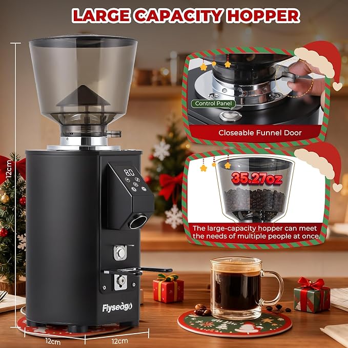Commercial Coffee Grinder Heavy Duty - 64mm SS Flat Burrs, 8 Precise Settings, Button Control, 35oz Hopper, Business and Home Use, Black 400W