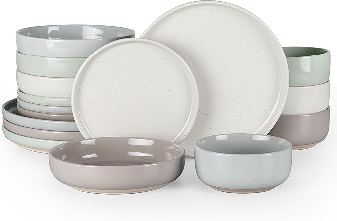 HaWare 16-Piece Plates and Bowls Set for 4, Stoneware Dinnerware Sets with Pasta Bowl, Dishes Set for Home Restaurant, Speckled Multicolor