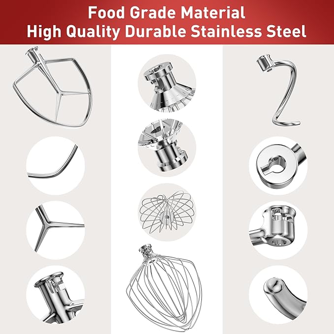 Stainless Steel Stand Mixer Attachments 3-Piece (7QT Flat Beater, 7QT Dough Hook, 7QT 9-Wire Whip Attachment) for KitchenAid Lift Stand Mixer and 7 Quart Bowl, Dishwasher Safe