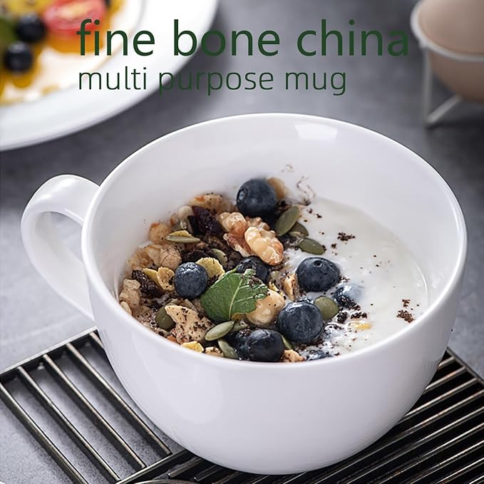 Chulan 22 oz Extra Large Bone China Cereal Mug Set of 4, Oversize White Ceramic Latte Mugs, Jumbo Soup Mugs Coffee Cups with Handles for Chocolate Cocoa Beverage Milk Salads Yogurt, Microwave Safe