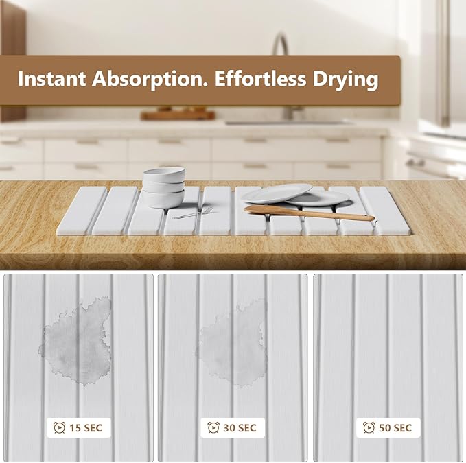 Large Stone Drying Mat for Kitchen Counter, 24"(L)×16"(W), Foldable Diatomaceous Earth Mat, Fast Drying & Absorbent Pad for Dishes, Bottles, Cups, Bathroom & Any Countertop (White)