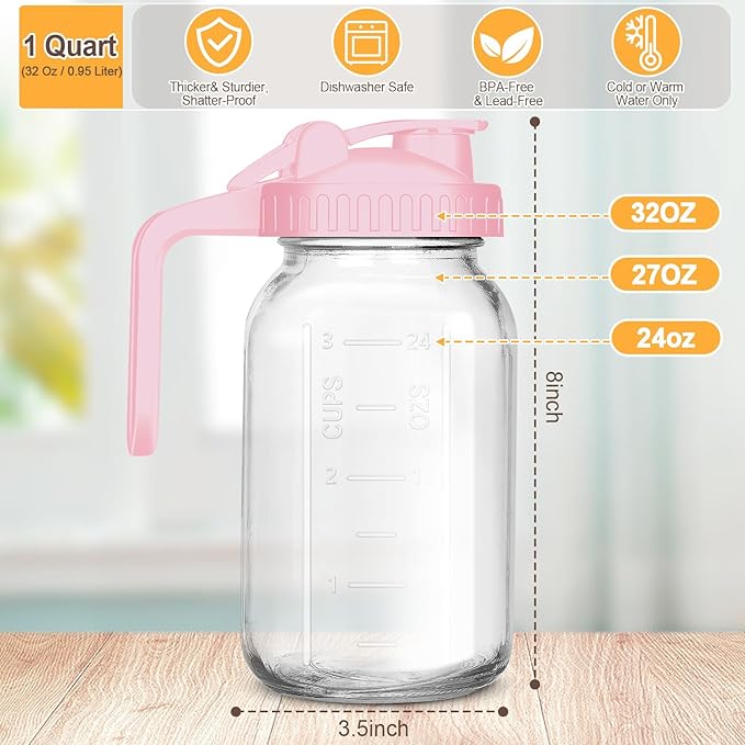 Mason Jar Pitcher, 32 OZ Breast Milk Pitcher Double Leak Proof with Pour Spout Handle, Wide Mouth Iced Tea Pitcher for Fridge, Creamer Container for Coffee, Sun Tea juice (Pink,2 Pack)