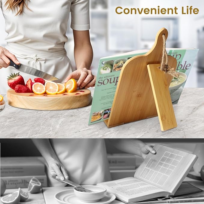 Cookbook Stand for Kitchen Counter, Bamboo Cookbook Holder, Foldable Cook Book Holder, Adjustable Recipe Book Stand, Cook Book Stand with Measurement Conversion Chart