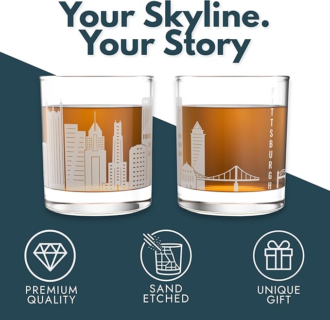 Greenline Goods – Pittsburgh, PA Skyline Whiskey Glasses (Set of 2), 10 oz – Rocks/Old Fashioned Tumblers