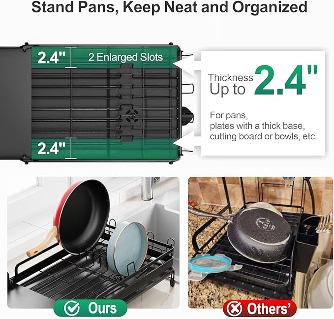 GSlife Large Expandable Dish Drying Rack - Dish Rack for Kitchen Counter with Metal Extension, Large Capacity(16.5" ~ 24.4" L) Dish Drainer with Pan Slots, Cup Holders, Black