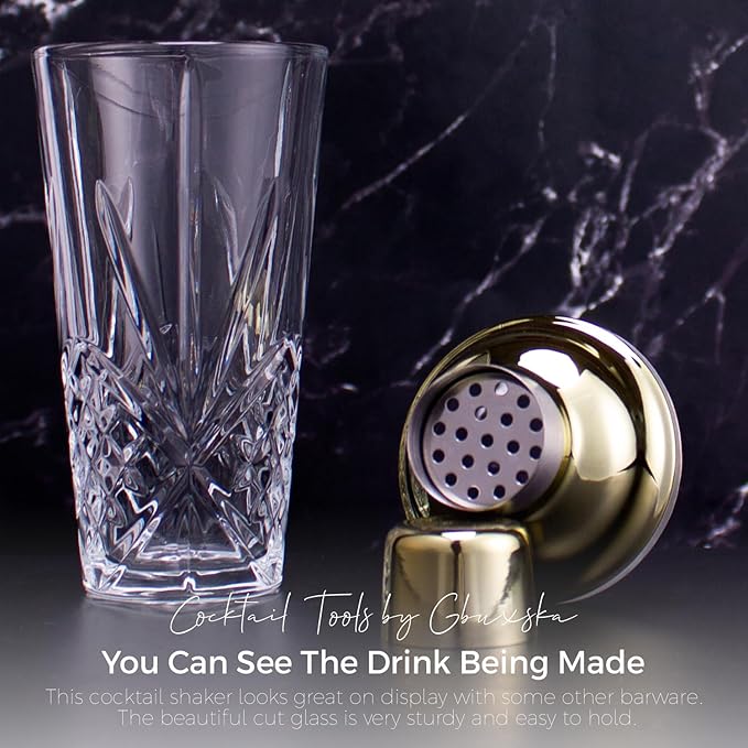 Cocktail Shaker, 14.5 Oz Glass Drink Shakers Cocktail for Bars, Whiskey, Cocktails, Gold
