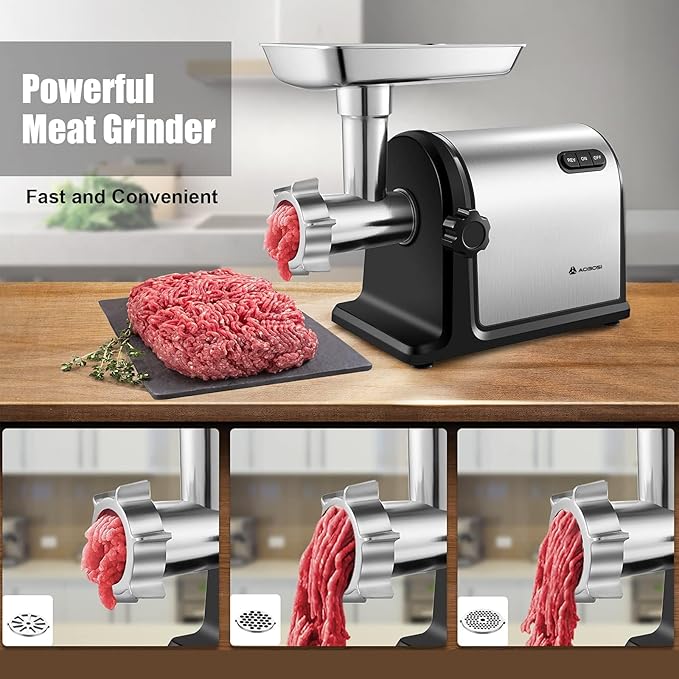 AAOBOSI #10 Meat Grinder Electric [3000W] Heavy Duty Stainless Steel Meat Mincer with 3 Grinding Plates, 3 Sausage Stuffer Tubes & Kubbe Attachments,Easy One-Button Control